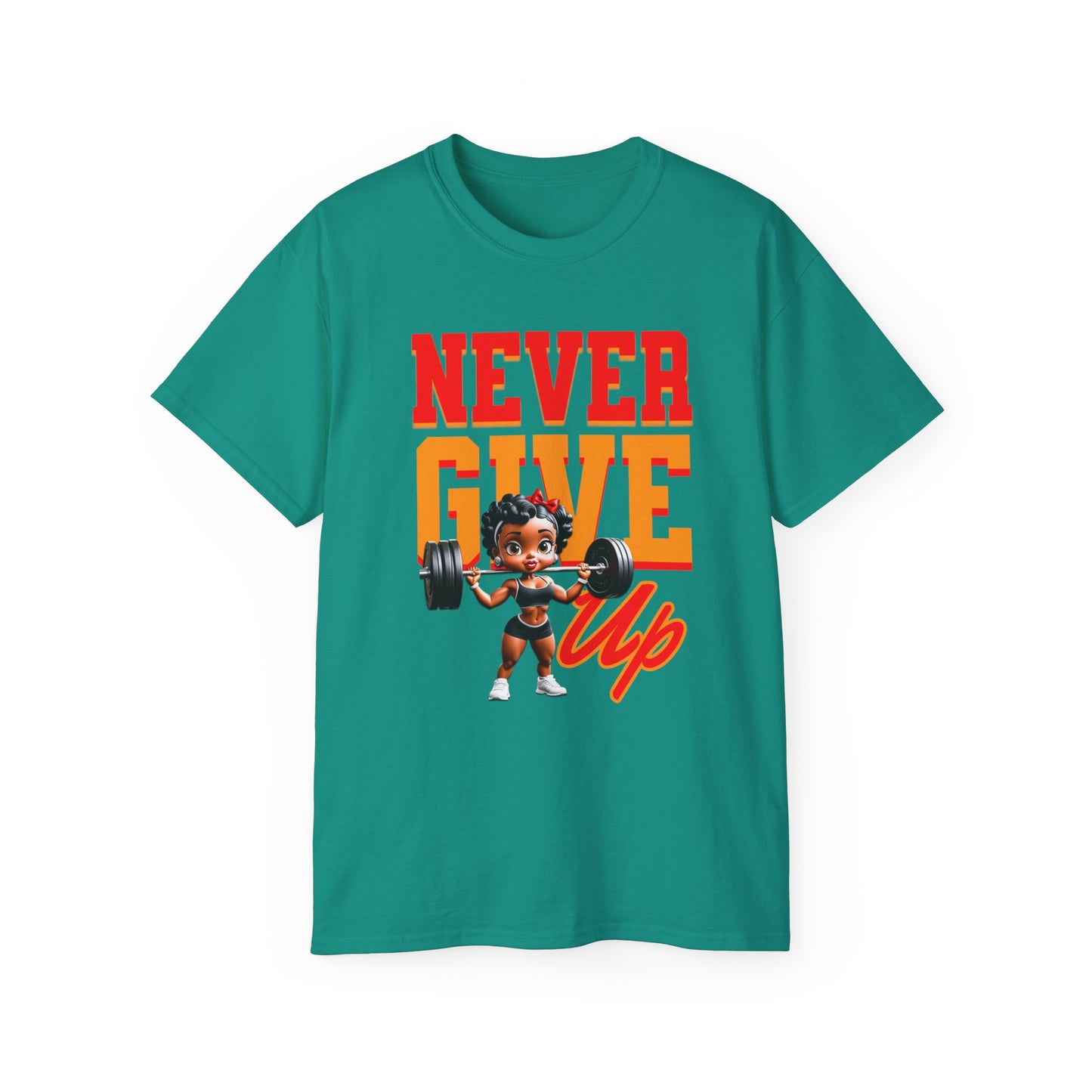 Women's Motivational Fitness Tee, Cute Betty Boop Workout Shirt, Ladies Gym Apparel, Never Give Up Shirt, Gift for Health Enthusiasts