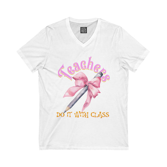 Teacher Appreciation V-Neck Tee, Gifts for Educators, Coquette Bow Back to School Shirt, Teachers Day T-Shirt, Fun Teacher Gift
