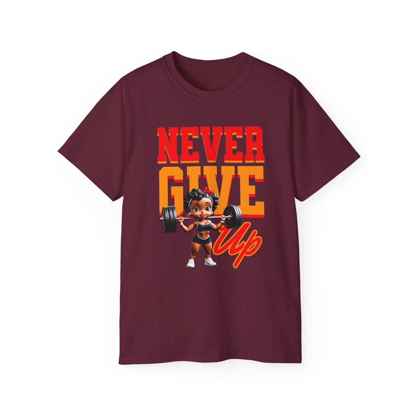 Women's Motivational Fitness Tee, Cute Betty Boop Workout Shirt, Ladies Gym Apparel, Never Give Up Shirt, Gift for Health Enthusiasts